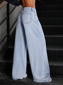 SHEIN ICON Quần Jeans Denim Ống Rộng Túi Rộng Thường Ngày Đa Năng Cho Nữ - Rửa nhẹ - Xem 2