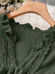 Linhara CURVE Áo cánh không tay cổ chữ V ren chắp vá màu trơn cỡ lớn - xanh quân đội - Xem 3