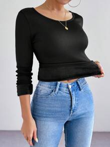 Chiquease 1 pieza Camiseta minimalista de mujer de unicolor de cuello redondo y manga larga, informal para uso diario