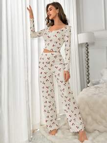CottageSlumber Cherry Print Ruffle Collar Long Sleeve Pajama Set Cozy And Elegant Details, Fall Winter Clothes - Apricot - View 5