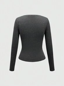 ROMWE Goth Áo thun dài tay in chữ thập thường ngày cho nữ, mùa thu - Xám - Xem 2