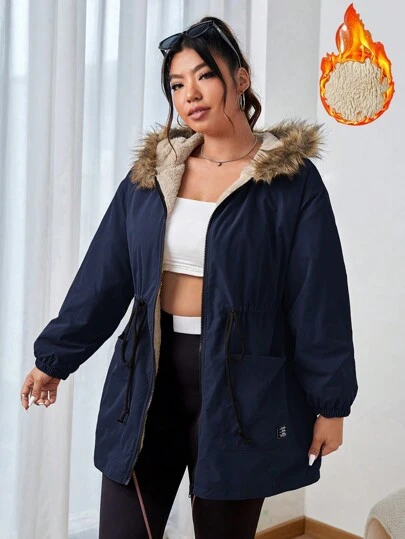 SHEIN EZwear Plus Size Navy Blue Drawstring Waist Fluffy Hooded Thicken Padded Coat, Winter Casual Fall Autumn