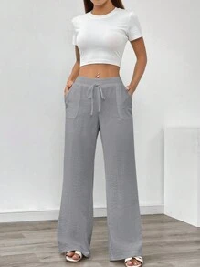 Chiquease 女性流行休閒低腰純色寬鬆長褲 - 灰色 - 查看 1
