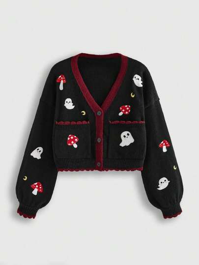 Goth Cardigan da donna con ricamo di fantasma, fungo e luna, stile kawaii carino e inquietante