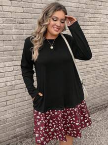 SHEIN LUNE 大码女式黑色拼布波尔卡圆点图案侧袋圆领长袖休闲连衣裙，秋冬感恩节装扮节日派对礼服女士派对礼服 - 紅色 - 查看 6