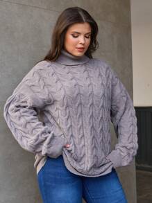 EURMUSE Plus Size Knitwear Cable Knit Funnel Neck Pullover Sweater - Mocha Brown - View 6
