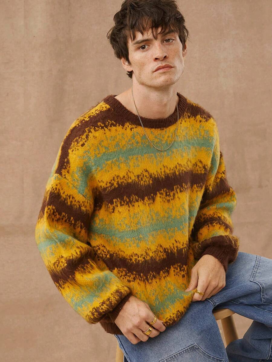 Men Brushed Stripe Crewneck Knit Sweater Top