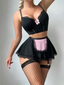 5 件/套性感内衣：修身吊带背心、丁字裤、吊袜带裙、2 件长袜、外出派对装、坏人造型 - 黑色 - 查看 3