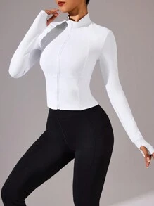 Easithlete Women's Solid Color Zip Front Long Sleeve Fitted Athletic Jacket - White - View 4