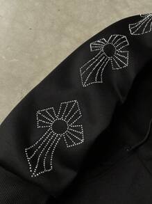 Manfinity EMRG Men's Rhinestone Cross Printed Drawstring Hoodie Sweatshirt,Grunge Tops - Black - View 5