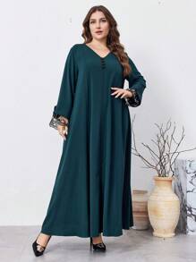 Al Najma Váy dài ren chắp vá thanh lịch cỡ lớn, mùa xuân và mùa thu, váy dài tay giản dị phong cách Ả Rập, dành cho tiệc tối/khách dự tiệc cưới/kỷ niệm/hàng ngày, Kaftan - màu xanh lá - Xem 3