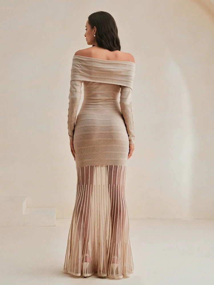 Women's Elegant Semi-Sheer Long Form-Fitting Dress, Autumn Maxi Women Outfit
