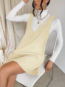 SHEIN Essnce 休闲纯色无袖连衣裙，秋季 - 杏色 - 查看 5