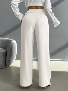 Pantalon à jambe droite avec détail plissé et taille haute, boutons élégants pour dames au printemps/automne, poches, fermeture éclair, taille haute, jambe large longue, ample, couleur abricot, pantalon pour femmes, porter au quotidien de manière décontractée