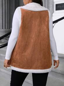 Calvaya Plus Size Women Color Block Fur Trim Lapel Single Breasted Vest Jacket For Winter - Brown - View 2