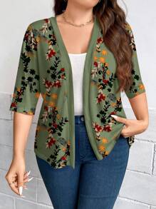 SHEIN LUNE Chaqueta casual de manga media abierta por delante con estampado floral retro para tallas grandes, otoño - Verde - Ver 1