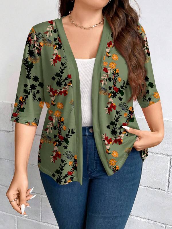 SHEIN LUNE Casual Retro Floral Pattern Mid-Sleeve Open Front Plus Size Jacket, Autumn