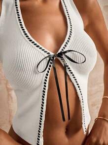 Opulessa 女士系带领蝴蝶结露肩无袖毛衣上衣，度假风格 - 白色 - 查看 6