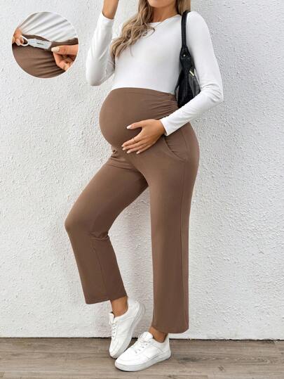 SHEIN 孕妇纯色口袋简约设计休闲裤，日常穿着