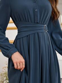 Modelyn Simple Button Front Belted Collar Long Sleeve Modest Dress Long Evening Dresses Fall Cloth For Women - Blue - View 5