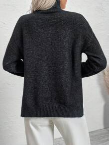 Calvaya Plus Size Solid Color Turtleneck Casual Long Sleeve Pullover Sweater, For Winter Knit Pullover Fall - Black and White - View 2