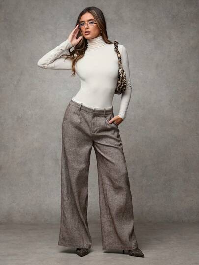 SHEIN BAE Women's Solid Color Commuting Casual/Office Wear/Old Money Style/Fashion Outing/Autumn And Winter Warm Woolen Twill Straight Trousers/Winter Women Pants