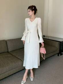 DAZY Abito elegante da donna a maniche a campana di colore unito, adatto per l'autunno e per occasioni come feste di compleanno e balli, con volant, vestito lungo a maniche lunghe per donne - Beige - Visualizzare 2