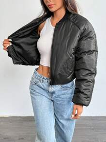 SHEIN Unity Women's Solid Color Front Zip Pocket Casual Padded Padded Coat Clothes Winter - Black - View 7