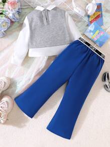 SHEIN 2 قطعة/ مجموعة من ملابس علوية كنزة مع أكمام طويلة بطبعة حرف و سروال واسع الساق بخصر مطاطي، ملابس شتوية، للفتيات الصغيرات