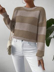 Chiquease 1pc Women Striped Dropped Shoulder Round Neck Casual Pullover Sweater, Autumn/Winter - Multicolor - View 3