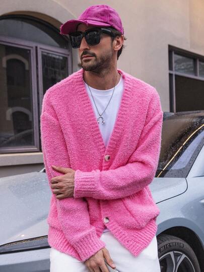 Manfinity Homme Áo khoác cardigan nam trơn hai túi, áo khoác cardigan dáng rộng màu hồng nóng bỏng, đơn giản, thời trang thu đông, dành cho chồng, quà tặng bạn trai, áo dài tay