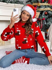 SHEIN Frenchy 女士圣诞圆领长袖图案细节简约休闲毛衣 - 紅色 - 查看 5