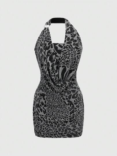 J-Fashion Vestido mini ajustado de escote pronunciado con diseño de anillo de metal y textura metalizada con estampado de leopardo Y2K para fiestas