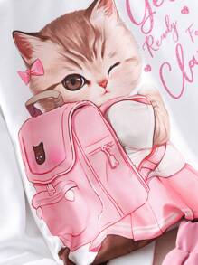 Set de 2 piezas con sudadera estampada de gato lindo y minifalda plisada para niña preadolescente