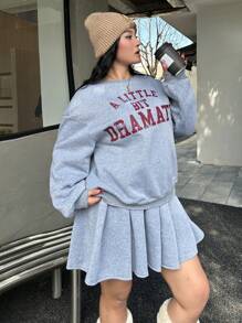 Flirla Plus Size Asymmetric One-Shoulder Long Sleeve Letter Print Sweatshirt & Pleated Mini Skirt 2 Pieces Sets, Casual Cute College Style