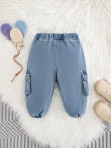 Cozy Pixies Quần jogger denim màu xanh dương dáng rộng, dễ thương, có túi hộp, dành cho bé gái, kiểu dáng thường ngày, thoải mái và đa năng. - Rửa nhẹ - Xem 2