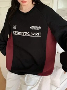 DAZY Sudadera con estampado de letras y bloques de color para mujer, otoño/invierno