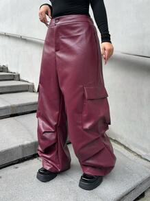 Flirla Plus Size Casual Solid Color Streetwear Multi-Pocket Straight Leg Cargo Pants