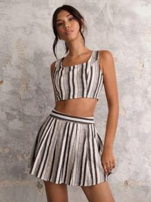 COSMINA Autumn/Winter Women Striped Square Neck Crop Top & Mini Skirt Casual 2-Piece Set - Multicolor - View 5