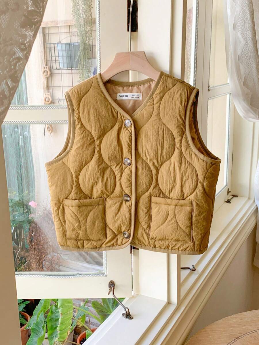 Blossori 年轻女孩法式优雅编织单排扣背心，秋冬 - 卡其色 - 查看 1