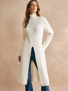 Poéselle Long Apricot Sweater,Long Turtleneck Slit Sweater,Women High Collar Dropped Shoulder Solid Color Long Sleeve Split Hem Casual Sweater, Autumn/Winter,Fall Women Outfits,Fall Sweaters,Old Money StyleWarm And Comfortable, Suitable For Daily Street, Home, Commuting And Other Occasions To Wear