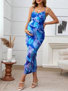 SHEIN Vestido materno ajustado de manga larga con efecto tie-dye, para fiesta de baby shower