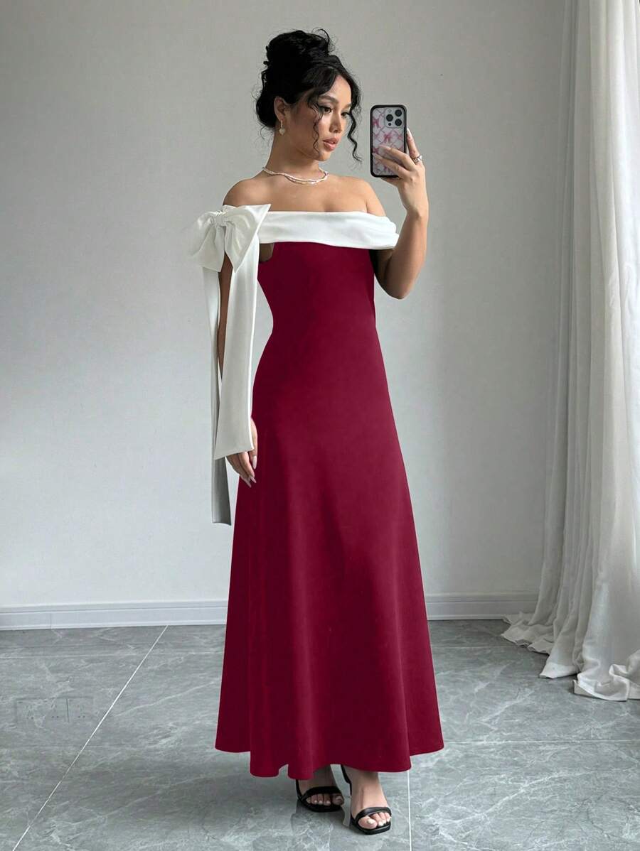 Elenzga Đầm dự tiệc dài thanh lịch màu đen và trắng - Đỏ và trắng - Xem 1