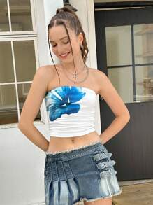 SHEIN EZwear Women's Floral Print Ruched Bandeau Backless Camisole Top