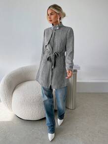 SHEIN Privé Women Casual Herringbone Stand Collar Overcoat, Autumn - Army Green - View 4