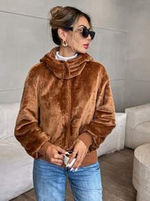SHEIN Privé Chaqueta con capucha de manga larga y hombros caídos de ajuste holgado, de peluche, para invierno, casual - Café integral - Ver 4