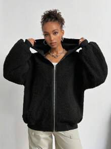 SHEIN EZwear 女士休闲双面连帽羊毛夹克，适合秋冬季 - 黑色 - 查看 9