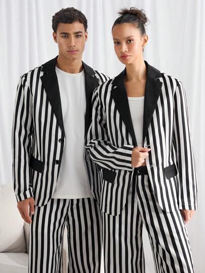 Manfinity BRENVOR Men's Woven Striped Contrast Splice Loose Casual Turndown Collar Long Sleeve Blazer, Suitable For Autumn, For Fall Winter