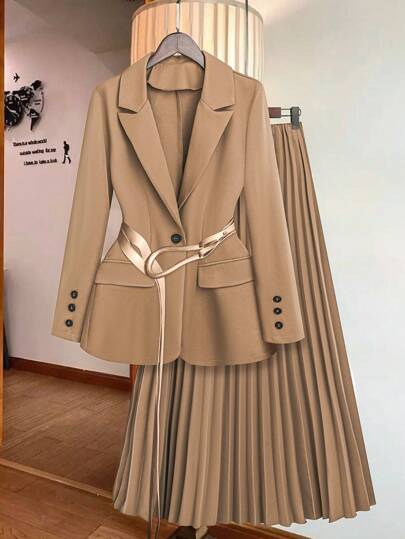 SHEIN Privé Women Casual Business Trouser Suit Set With Loose Fit Textured Khaki Color, Autumn/Winter