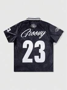 ROMWE MEN Street Life Men's Summer Letter & Stripe Short Sleeve Casual Jersey Polo Shirt, School - Black - View 2